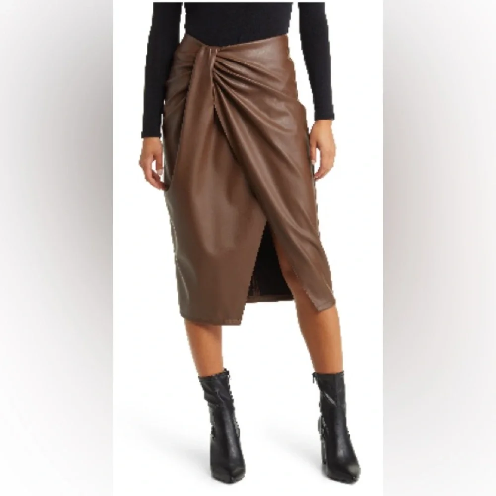 Open Edit Brown Faux Leather Midi Skirt - Picture 1 of 2